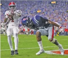  ?? ALABAMA PHOTO/KENT GIDLEY ?? Alabama sophomore receiver Jerry Jeudy scored two touchdowns in Saturday night’s 62-7 thrashing of Ole Miss at Vaught-Hemingway Stadium in Oxford, Miss.