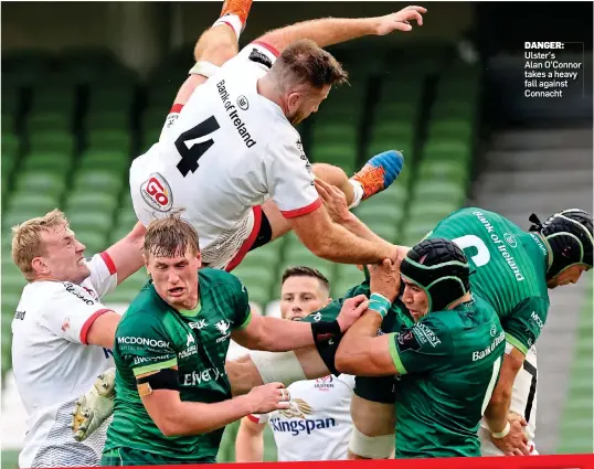  ??  ?? DANGER: Ulster’s
Alan O’Connor takes a heavy fall against Connacht