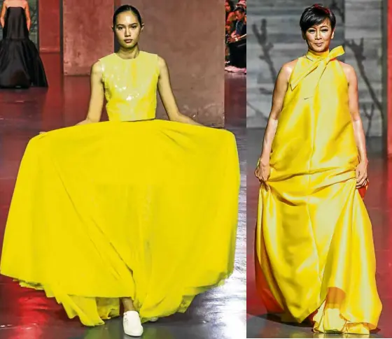  ??  ?? Left, hand-beaded gazar top with a layered tulle skirt; right, yellow gazar dress with a forgiving silhouette, on Izza Gonzales Agana