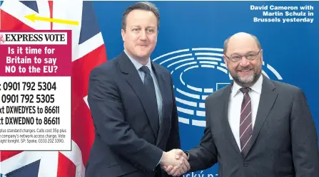  ??  ?? David Cameron with
Martin Schulz in Brussels yesterday