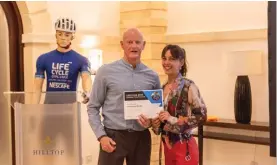  ?? ?? LifeCycle (Malta) Foundation founder and chairman Alan Curry with Francesca Garbe, winner of the 2023 Jack Bowen award