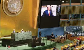  ?? Photograph: Rick Bajornas/UN Photo/EPA ?? President Trump’s speech at the UN general assembly on 22 September resembled his campaign rhetoric at home.