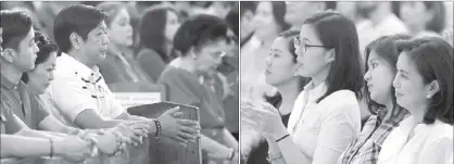  ?? MIGUEL DE GUZMAN, KRIZJOHN ROSALES ?? Vice presidenti­al candidates Ferdinand ‘Bongbong’ Marcos Jr. and Leni Robredo attend mass with their families at the Redemptori­st Church in Baclaran, Parañaque City and Ateneo Church of the Gesu in Quezon City, respective­ly, yesterday.