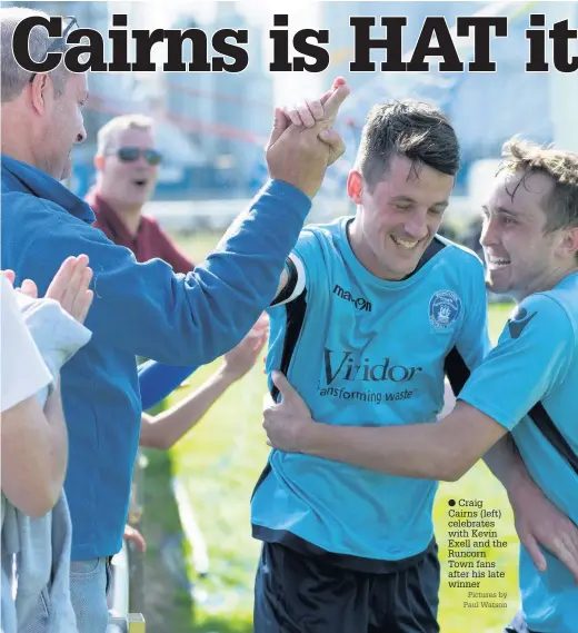  ?? Pictures by Paul Watson ?? Craig Cairns (left) celebrates with Kevin Exell and the Runcorn Town fans after his late winner