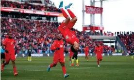  ?? Photograph: Vaughn Ridley/Getty Images ?? Tajon Buchanan (upside down) and his Canada team finished top of the Concacaf league in qualifying.