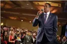  ?? AFP/Getty Images ?? Larry Elder, a rightwing radio host, speaks at his election night party in Costa Mesa, California . Photograph: Robyn Beck/