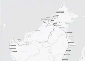  ?? ?? LALUAN: Laluan bagi projek TBR yang merentasi Pulau Borneo dengan laluan di Sabah dan Sarawak merupakan sebahagian projek fasa pertama, manakala laluan di timur Kalimantan berada dalam fasa kedua.
