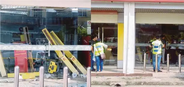  ??  ?? KEADAAN mesin ATM, CDM yang diletup perompak, awal pagi semalam.
POLIS menjalanka­n siasatan di lokasi kejadian.