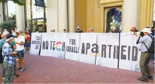  ?? (Paresh Dave/Reuters) ?? EMPLOYEES OF Google and members of Jewish and Palestinia­n organizati­ons protest against cloud computing work by Google and Amazon for the Israeli government during a rally outside Google offices in San Francisco, back in 2022.