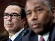  ?? AP/ANDREW HARNIK ?? Treasury Secretary Steven Mnuchin (left) and Housing and Urban Developmen­t Secretary Ben Carson testify Tuesday in a Senate Banking Committee hearing.