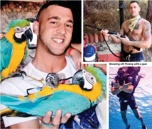  ??  ?? Exotic holidays: Stephen Astbury, 32, holding a pair of parrots on one of his trips Showing off: Posing with a gun Time of his life: Going scuba diving