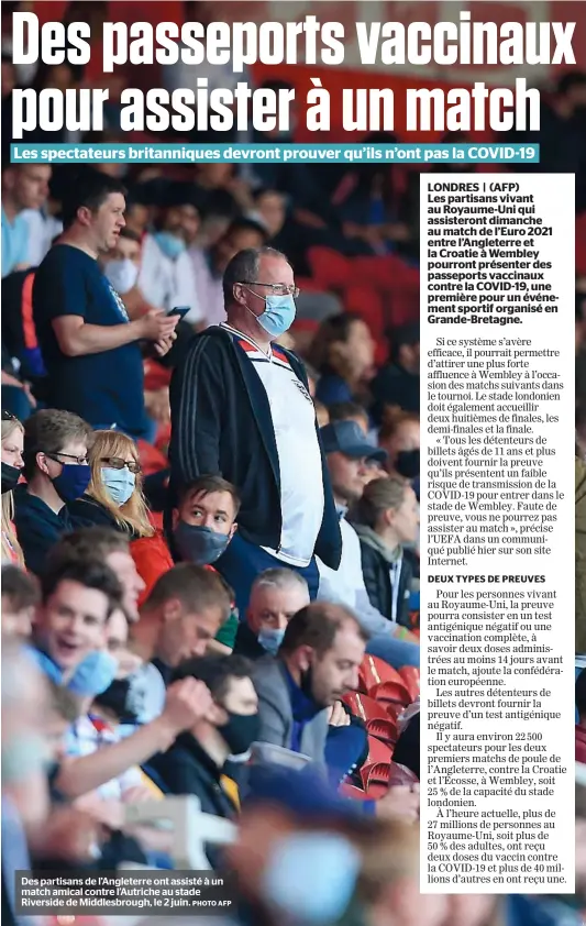  ?? PHOTO AFP ?? Des partisans de l’Angleterre ont assisté à un match amical contre l’Autriche au stade Riverside de Middlesbro­ugh, le 2 juin.