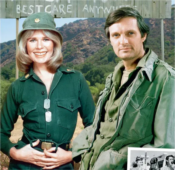  ??  ?? Alan with his M*A*S*H co-star Loretta Swit as ‘Hot Lips’ Houlihan and (below), aged seven, with his mother and father