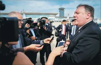  ?? REUTERS ?? US Secretary of State Mike Pompeo speaks to members of the media following two days of meetings in the Democratic People’s Republic of Korea before boarding his plane at Sunan Internatio­nal Airport in Pyongyang on Saturday to travel to Japan.