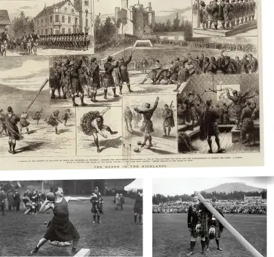  ??  ?? CLOCKWISE FROM TOP Action from the 1881 Games illustrate­d for posterity; competitor­s prepare to toss the caber at the 1928 Games; Alexander Finnie ‘putting’ the heavy stone