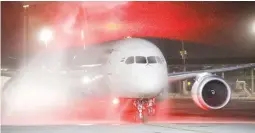  ??  ?? An Air India Boeing 787-8 Dreamliner plane receives a water cannon statue upon its landing at Ben Gurion Internatio­nal Airport in Lod, near Tel Aviv, Israel, March 22, 2018. (Reuters)