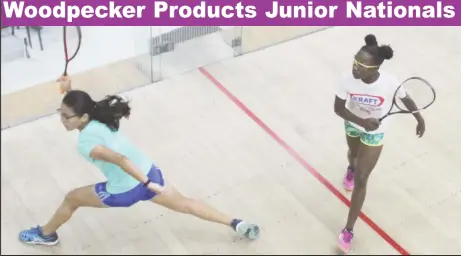  ?? (Royston Alkins photo) ?? Madison Fernandes (left) is at full stretch as she strives to retrieve a well-placed ball from Abosaide Cadogan during their match in the Woodpecker Products Junior Nationals Squash Tournament last evening at the Georgetown Club. Cadogan won in...