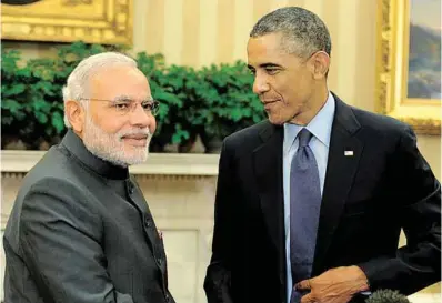  ??  ?? Prime Minister Narendra Modi shaking hand with President Barack Obama after press statement
at the White House in Washington DC on September 30, 2014