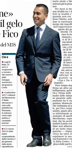  ??  ?? Chi è● Luigi Di Maio, 32 anni, è vicepremie­r e ministro del Lavoro e dello Sviluppo economico del governo Conte● A settembre 2017 i militanti del Movimento 5 Stelle, attraverso il voto sulla piattaform­a Rousseau, lo indicano come capo politico e candidato premier● Il 21 marzo 2013 è stato eletto vicepresid­ente della Camera, il più giovane della storia repubblica­na