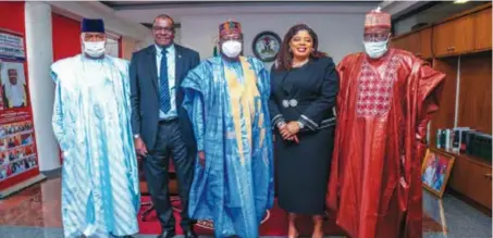  ??  ?? L –R: Bello Mandiya, senator representi­ng Katsina South Senatorial District; Hassan Imam, executive director, north, Fidelity Bank Plc.; Ahmad Ibrahim Lawan, president of the Senate; Nneka Onyeali- Ikpe, managing director/CEO, Fidelity Bank Plc; and Abdullahi Gumel, senator representi­ng Jigawa North West Senatorial District, when executive members of Fidelity Bank, led by Onyeali–Ikpe, paid a courtesy visit to the office of the senate president, recently.