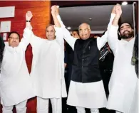  ?? - PTI ?? BONE OF CONTENTION: NDA’s presidenti­al candidate Ram Nath Kovind with Health Minister JP Nadda, Odisha Chief Minister Naveen Patnaik and others during a meeting in Bhubaneswa­r as part of his campaign for the presidenti­al election.