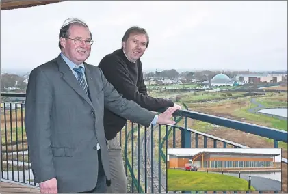  ??  ?? Town Engineer, Gerry O'riordan (right) and Kerry Tourism Officer John Griffin on the viewing towere at the Tralee Wetlands Project. INSET: The visitor centre at the site.