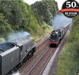 ?? BEN COLLIER ?? A digitally created montage photograph showing ‘A4’ No. 60009 Union of South Africa and ‘Jubilee’ No. 45690 Leander ‘passing’ near Appleby on August 11 – the two railtours actually met half a mile away. Note the original ‘1T57’ reporting number board adorning No. 45690’s smokebox.