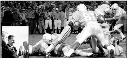  ??  ?? ABOVE Arkansas competes against Tennessee in the 1971 Liberty Bowl. The game, which featured two controvers­ial calls that led Tennessee to a 14-13 victory, helped change how officiatin­g crews were assigned to bowl games.