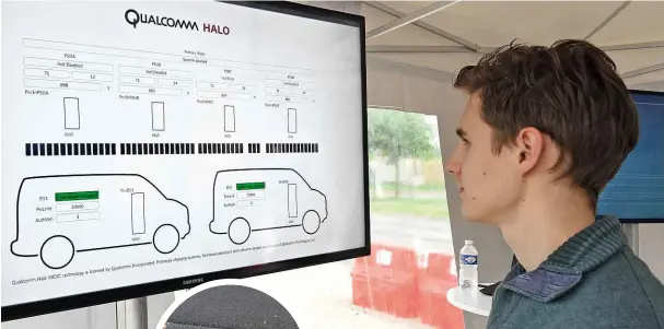  ??  ?? OUTPUT Our man Saarinen checks out screen showing how two electric Renault vans are fed the same level of power when driven on Qualcomm dynamic wireless charging road at the same time. Technology involves burying stubs and charging blocks under normal...