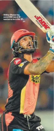  ?? AFP ?? Shikhar Dhawan has scored 450 runs in 12 matches so far in this IPL.