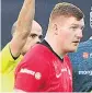  ??  ?? SEEING RED Saracens prop Rhys Carre is off