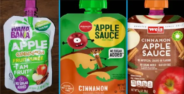  ?? FDA via AP ?? This image provided by the U.S. Food and Drug Administra­tion shows three recalled applesauce products — WanaBana apple cinnamon fruit puree pouches, Schnucks-brand cinnamon-flavored applesauce pouches and variety pack, and Weis-brand cinnamon applesauce pouches. U.S. food inspectors found “extremely high” lead levels in cinnamon at a plant in Ecuador that made the products. The recalled pouches have been linked to dozens of illnesses in children in the United States. The FDA said last week that it is continuing to investigat­e.