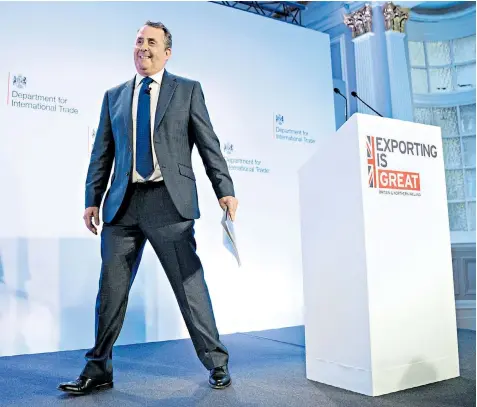  ??  ?? Liam Fox, the Internatio­nal Trade Secretary, after his speech yesterday on the future of exports following Brexit