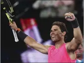  ?? DITA ALANGKARA — THE ASSOCIATED PRESS ?? Spain’s Rafael Nadal celebrates after defeating Federico Delbonis of Argentina in second round singles match at the Australian Open tennis championsh­ip in Melbourne, Australia on Thursday.