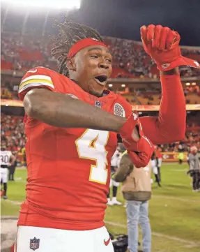  ?? DAVID EULITT/GETTY IMAGES ?? Rashee Rice celebrates Sunday after the Chiefs defeated the Bengals at GEHA Field at Arrowhead Stadium to clinch the AFC West title.