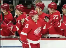  ?? PAUL SANCYA — THE ASSOCIATED PRESS ?? Detroit Red Wings’ Jakub Vrana celebrates his goal against the Dallas Stars in the first period of Thursday’s game in Detroit.