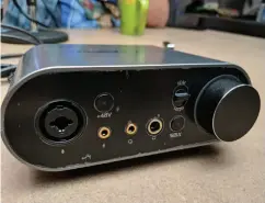  ??  ?? The breakout box for the new Sound Blaster AE-9 features 45volt phantom power support for microphone­s using XLR and TRS connection­s. And yes, this card is so new that the protective plastic has not been peeled from it yet.
