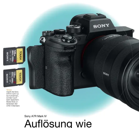  ??  ?? Tempo macht die Sony A7R IV nicht nur bei Aufnahmen, sondern auch beim Speichern: Beide Slots unterstütz­en den UHS-II-Standard.