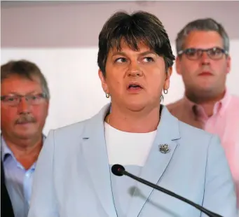  ??  ?? DUP leader Arlene Foster addresses journalist­s in Belfast yesterday. Photo: PA