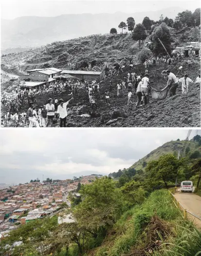  ?? FOTOS ARCHIVO Y JULIO C. HERRERA ?? En la foto superior (27/09/1987), labores de rescate. Hoy, en el mismo sitio, solo sobreviven pinos en medio de la maleza, como se ve abajo (26/09/2017).