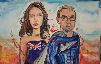  ?? IMAGE: © Justine Crease ?? NZ PM Jacinda Ardern and Director-general of Health, Dr Ashley Bloomfield were celebrated across memes, artworks and merchandis­e