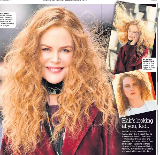  ??  ?? RADIANT Nicole Kidman looks stunning while filming in New York. Pic: James Devaney/ GC Images FLAMING GORGEOUS Nicole in The Undoing and, below, in Days of Thunder