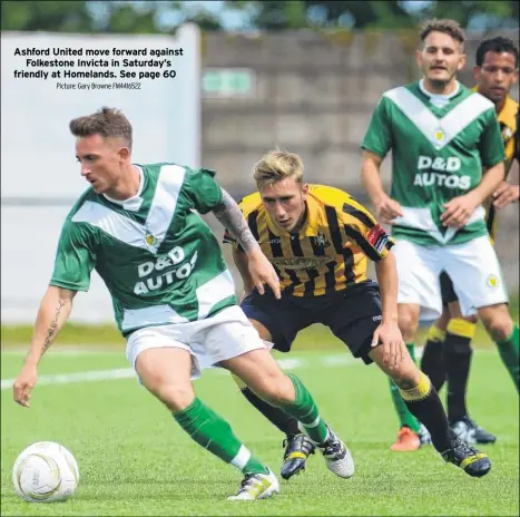  ?? Picture: Gary Browne FM4416522 ?? Ashford United move forward against
Folkestone Invicta in Saturday’s friendly at Homelands. See page 60
