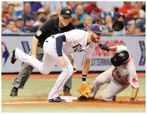  ??  ?? Umpire Chris Conroy, left, watches as Tampa Bay Rays' Evan Longoria, middle, tags out Boston Red Sox's Tzu-Wei Lin on a throw from catcher Wilson Ramos during the fifth inning of a baseball game in St. Petersburg on Thursday. (AP)