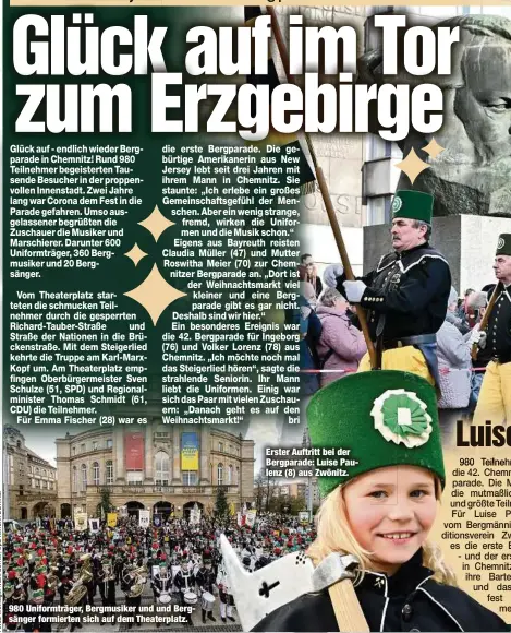  ?? ?? 980 Uniformträ­ger, Bergmusike­r und und Bergsänger formierten sich auf dem Theaterpla­tz.
Erster Auftritt bei der Bergparade: Luise Paulenz (8) aus Zwönitz.