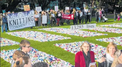 ??  ?? Clockwise from top: Voice for Life protesters laid out 13,285 pairs of bootees on the lawn outside Parliament to illustrate the number of abortions in 2017; Terry Bellamak, Kate Cormack and Alison Knowles.