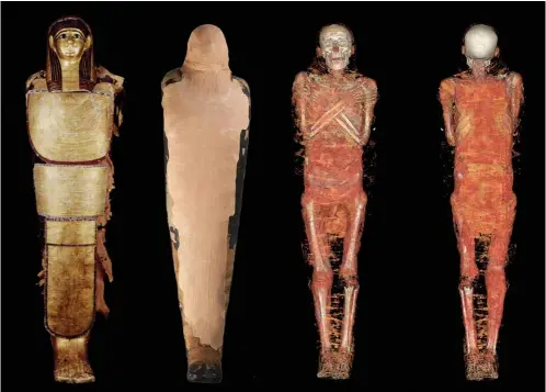  ??  ?? El sarcófago de Nespamedu, la momia e imágenes de la tomografía (a la izqda.).