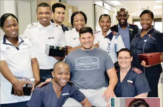  ?? PICTURES: SUPPLIED ?? GRATITUDE: Bradley Silberman visited the Netcare Sunninghil­l Hospital to pay tribute to the staff and doctors who helped to save his life 10 years ago. Inset: After he was attacked in 2004.