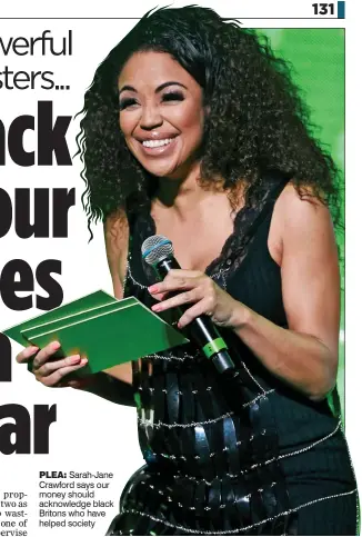  ??  ?? PLEA: Sarah-Jane Crawford says our money should acknowledg­e black Britons who have helped society