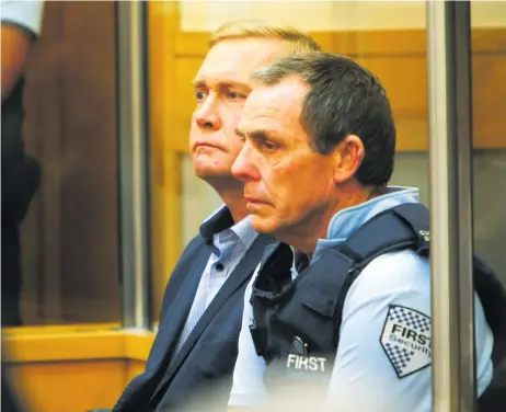  ?? Picture / NZME ?? Russell Stewart, left, at his sentencing for careless driving causing injury and death.